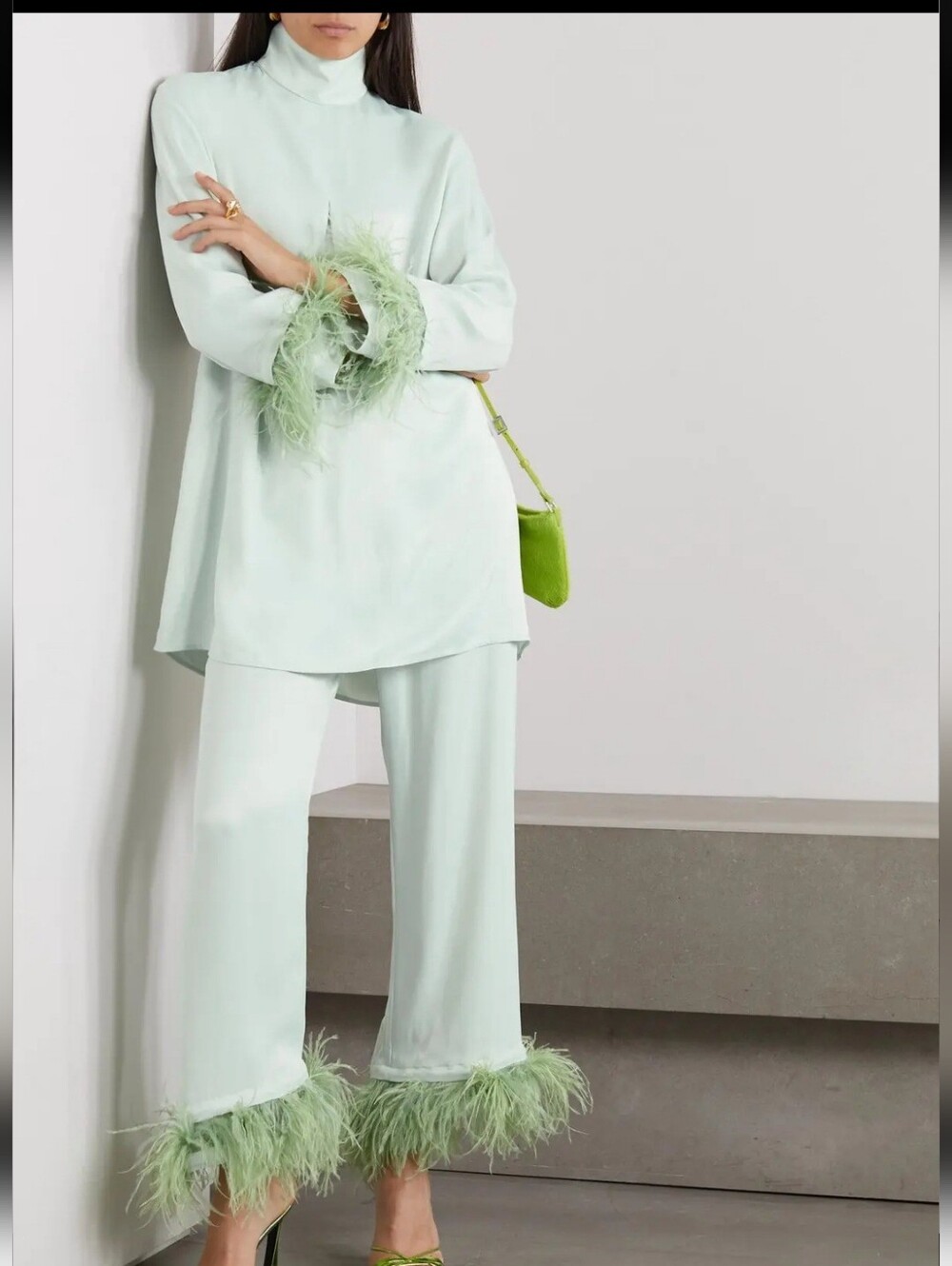 RARE Sleeper Net Sustain Feather-Trimmed Satin Pajama Set